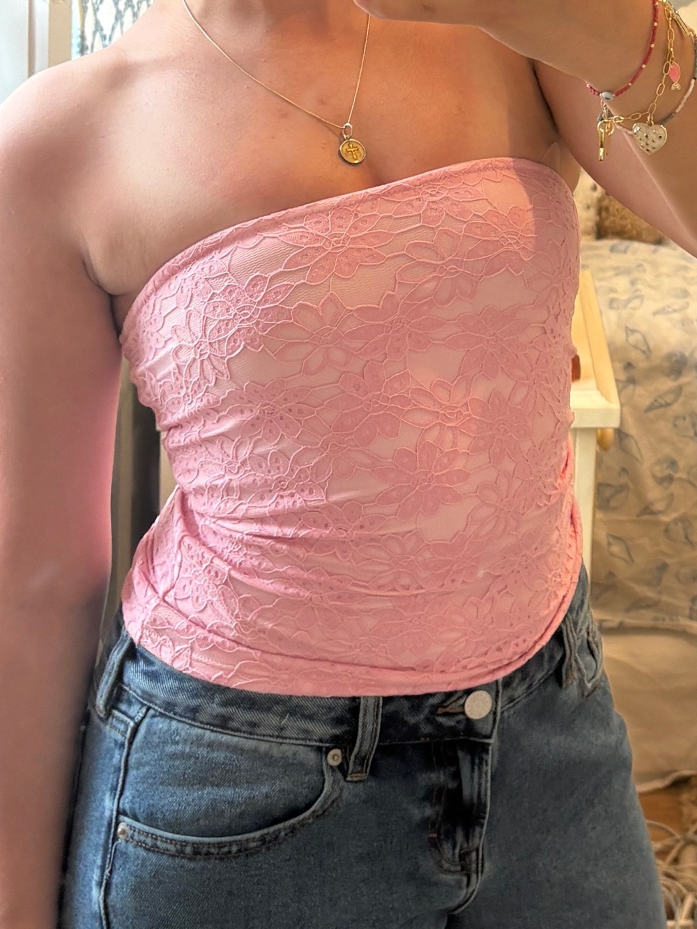 Edikted Pink Lace Strapless Tube Top